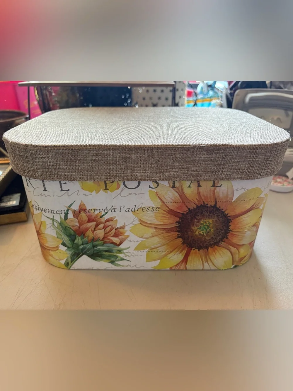Source Unknown Sunflower Decorative Storage Box with Burlap Lid - Yellow & Brown